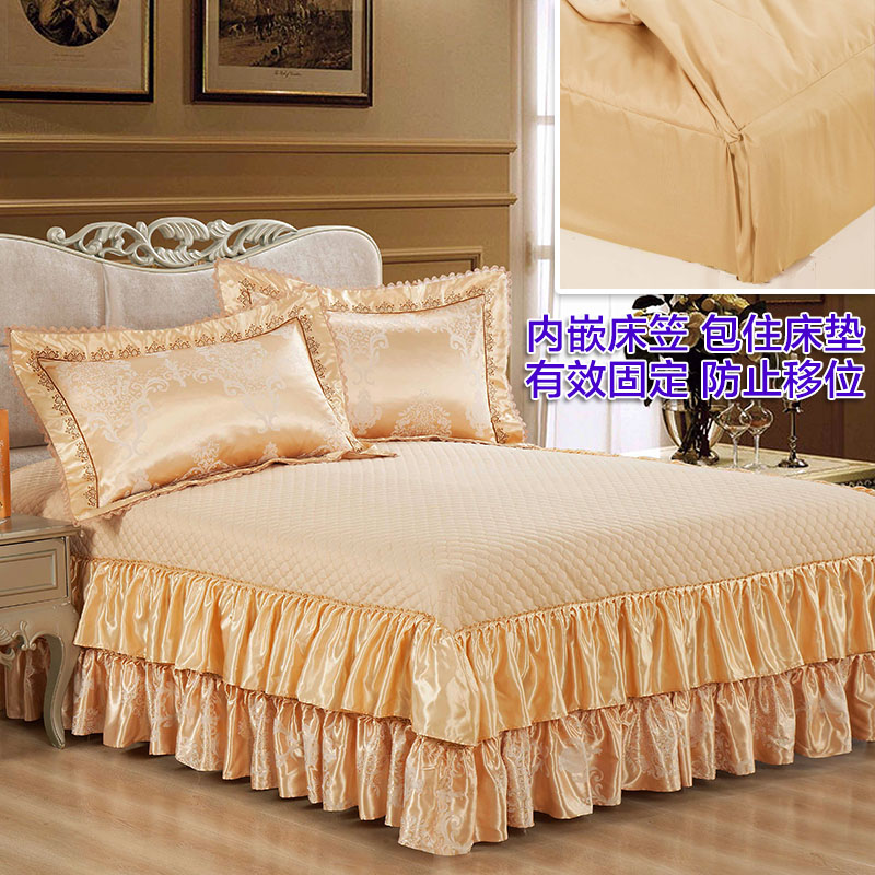 高档贡缎提花欧式绣花被套夹棉床罩式床裙四件套全棉纯棉结婚床品