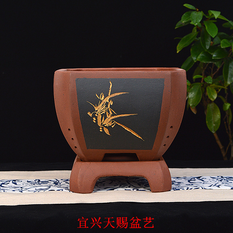 宜兴天赐盆艺158四方带底座精品手工兰花盆室内盆景 绿萝吊植卉盆