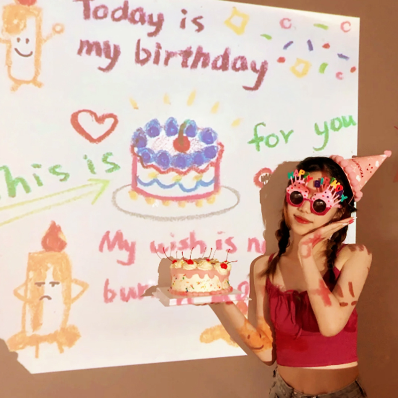 生日投影灯仪女孩拍照道具氛围背景帽子眼镜生日快乐装饰场景布置
