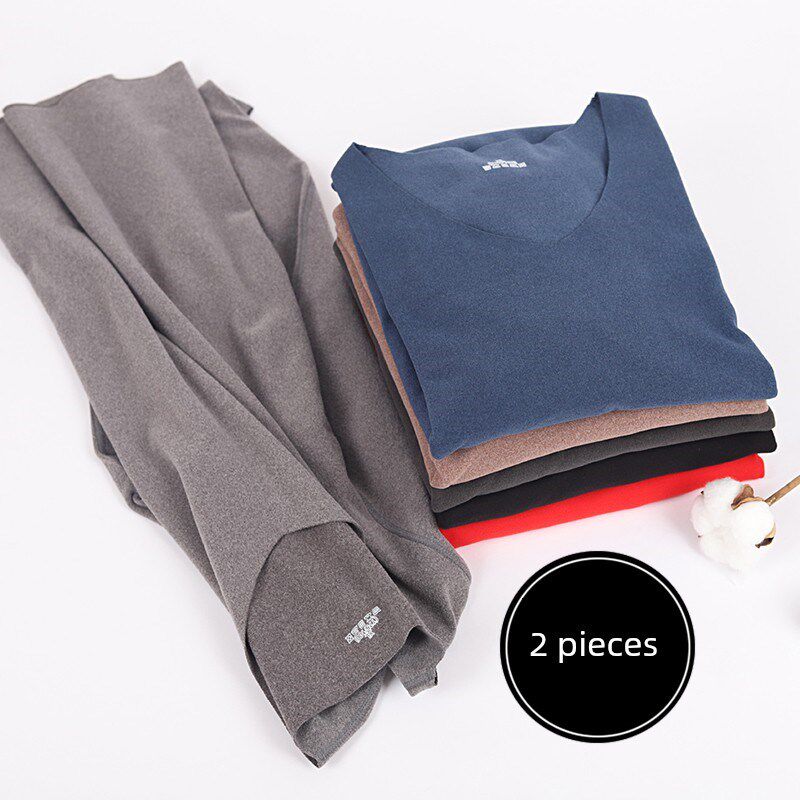 2件 无痕发热保暖长袖T恤男加绒加厚秋冬季德绒修身V领内衣打底衫