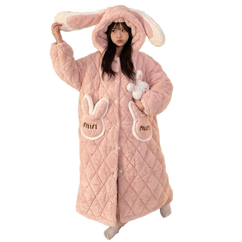 珊瑚绒睡衣女春秋冬季三层加厚夹棉睡袍可爱法兰绒大码家居服套装