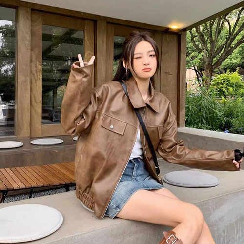 美式复古棕色皮衣外套女2025秋季新款小个子感pu皮机车夹克女