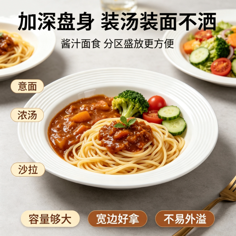 摔不坏简约竖纹白色西餐盘纯白塑料盘家用装菜拌面汤盘餐具加厚