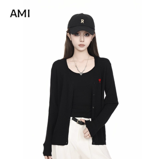 AMI官方美式复古黑色针织开衫女2026春秋春新款宽松短款毛衣外套