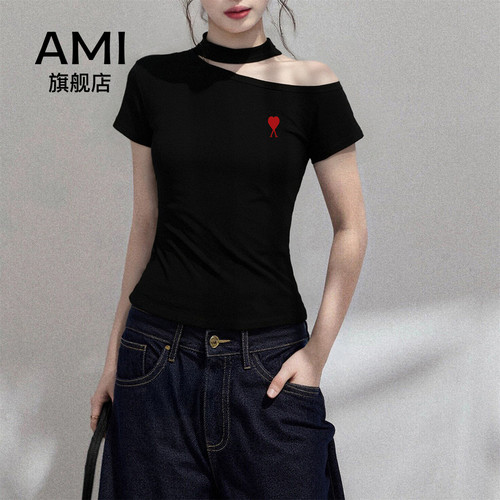 AMI官方挂脖斜肩露肩短袖t恤女夏季修身收腰短款不规则正肩上衣