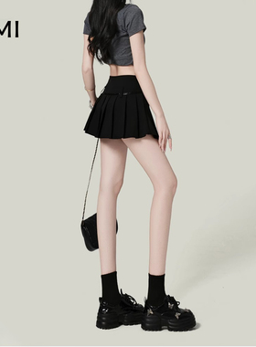 AMI 2025美式黑色百褶裙短裙女设计感正品高腰A字包臀半身裙