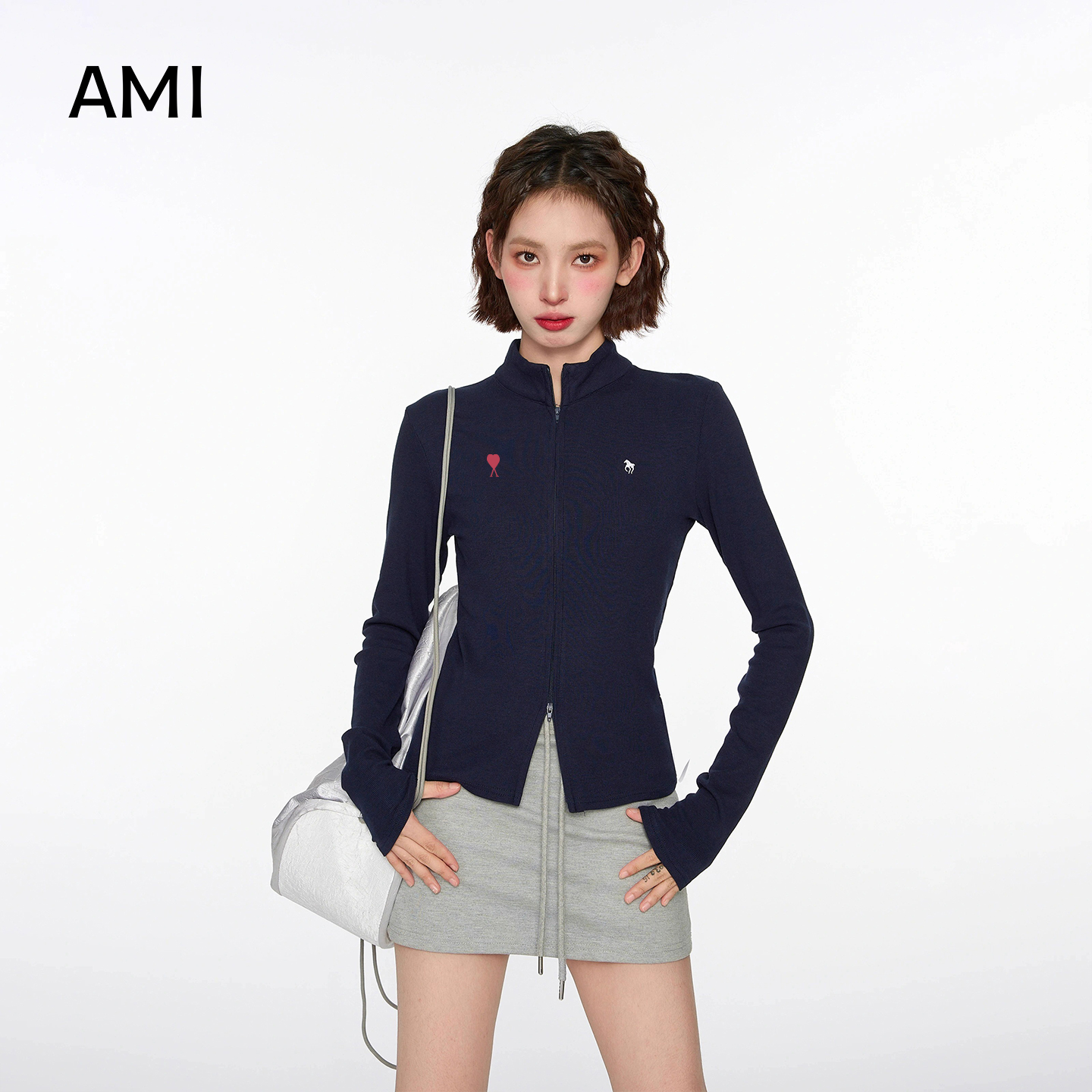 AMI2025美式藏青色立领长袖T恤女春秋正品修身内搭打底衫上衣潮