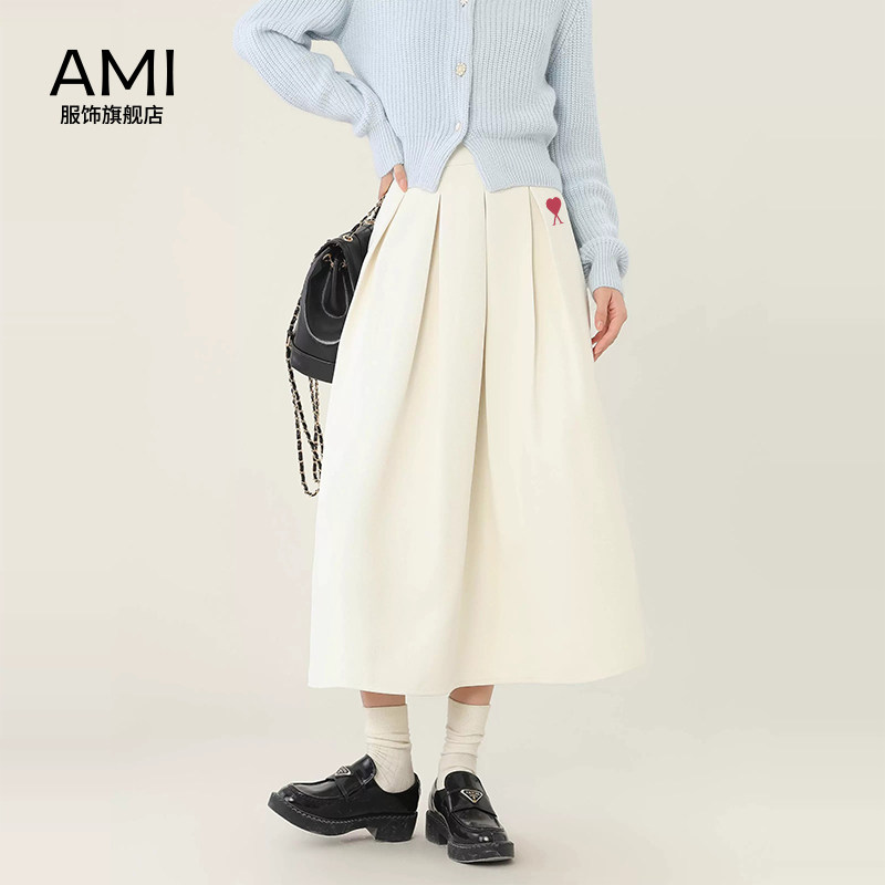 AMI官方 2026美式白色a字百褶半身裙女潮牌正品小个子高腰中长款