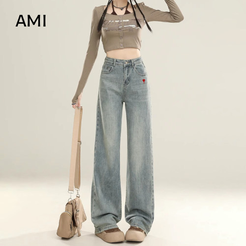 AMI官方 2026美式高街窄版直筒牛仔裤女春正品高腰宽松显瘦阔腿裤