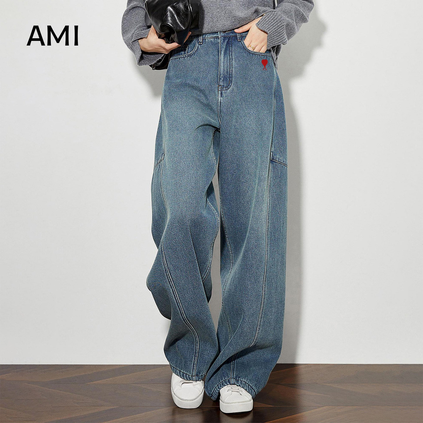 AMI官方美式复古阔腿牛仔裤女2026秋春季新款宽松高腰直筒休闲长