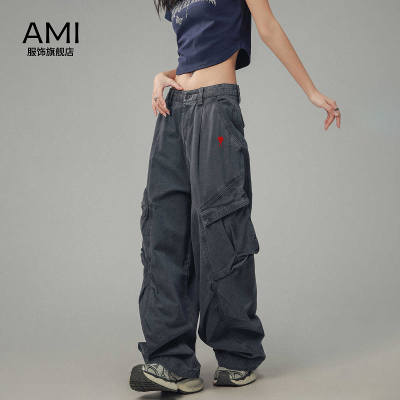 AMI官方 2026美式复古斜口袋拖地工装裤女新款正品宽松休闲直筒裤