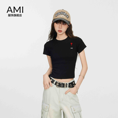 AMI官方旗舰店美式黑色蝴蝶结正肩短袖t恤女夏季新款正品修身辣妹