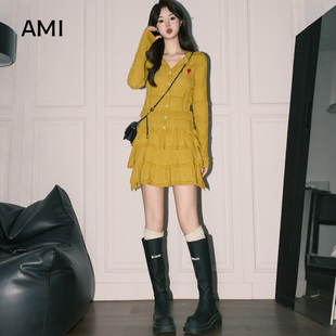 AMI官方2026小香风长袖开衫女A字花边蛋糕短裙韩系早初春新款一整