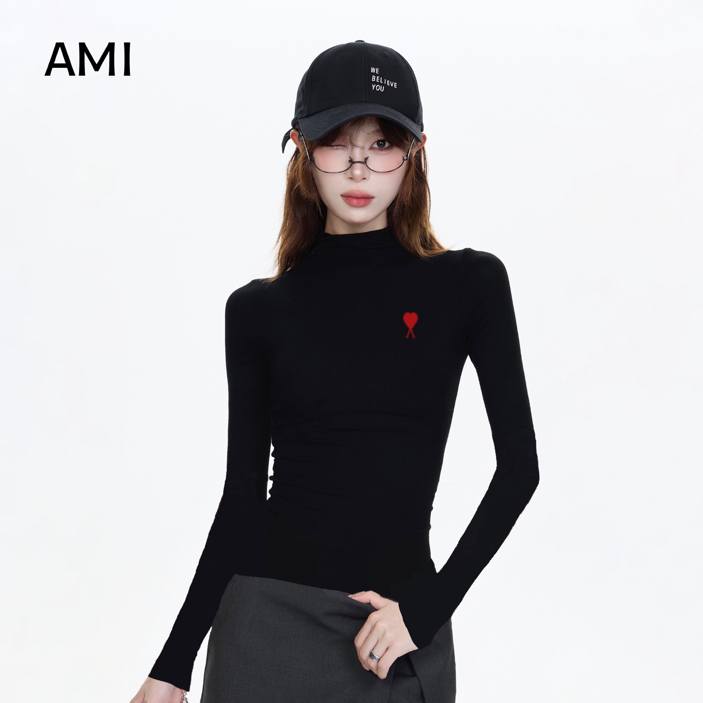 AMI美式黑色半高领长袖t恤女2025冬秋新款打底衫内搭修身显瘦上衣,女装/女士精品,T恤,淘宝优惠券,粉丝福利购,淘宝优惠卷