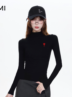 AMI美式黑色半高领长袖t恤女2025冬秋新款打底衫内搭修身显瘦上衣