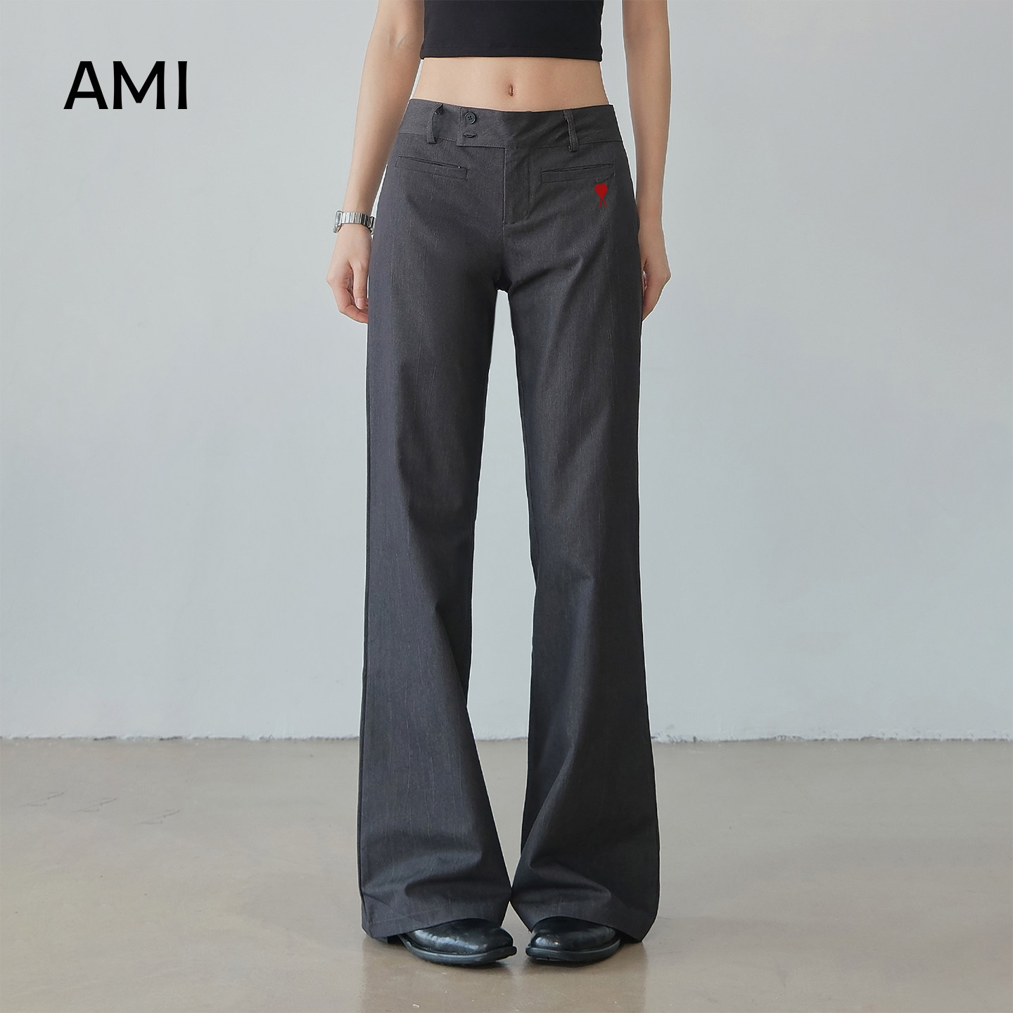 AMI官方美式灰色弹力微喇休闲裤女2026春秋新款修身显瘦百搭西装