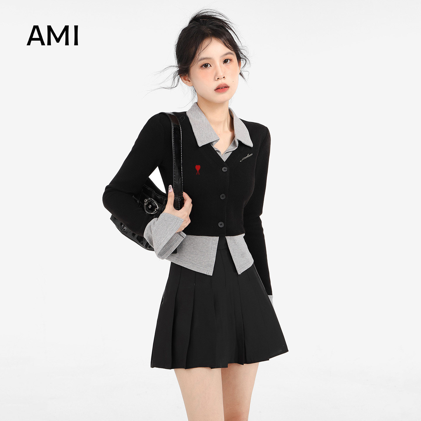 AMI学院风黑色假两件针织衫女秋冬季修身内搭毛衣长袖上衣打底衫