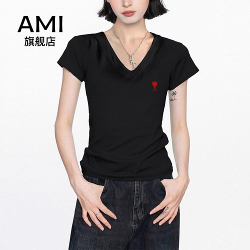 AMI官方美式v领正肩短袖t恤女夏季短款修身显瘦小个子半袖上衣