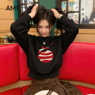 AMI官方美式短款卫衣女无帽秋春2026新款黑色小个子高级感圆领上