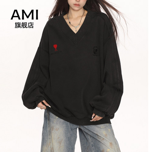 AMI官方运动风杠条v领卫衣女春初春学院风刺绣oversize百搭上衣