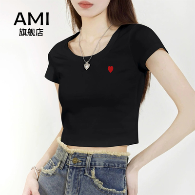 AMI官方2026美式黑色短袖t恤女夏新款正品紧身正肩辣妹露脐上衣1