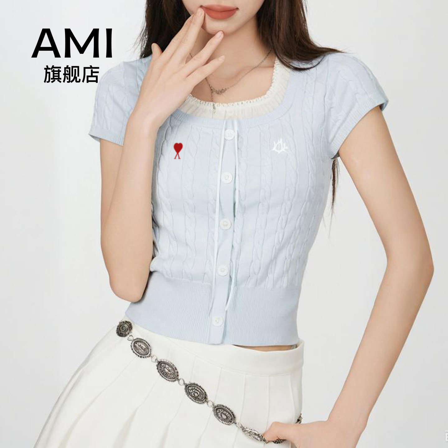 AMI官方蓝色假两件正肩针织衫短袖t恤女夏学院风辣妹修身短款上衣