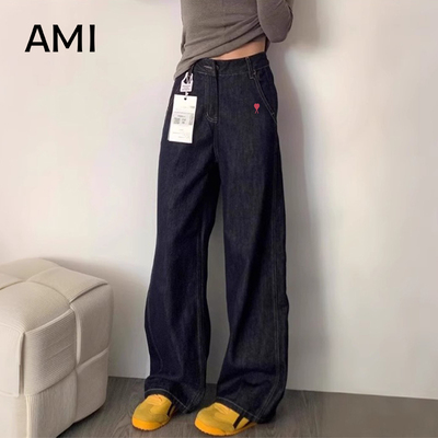 AMI官方美式复古深蓝色高腰牛仔裤女装初春新款2026宽松显瘦直筒