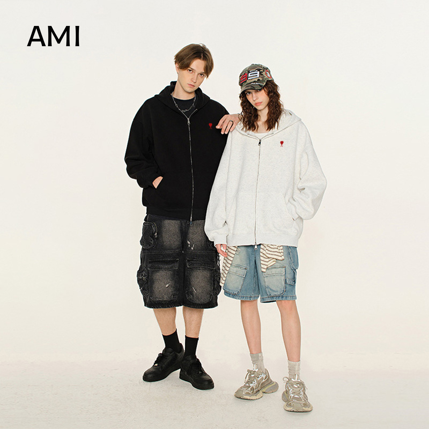 AMI 2025美式复古连帽开衫卫衣男女款潮牌春秋新款宽松休闲外套