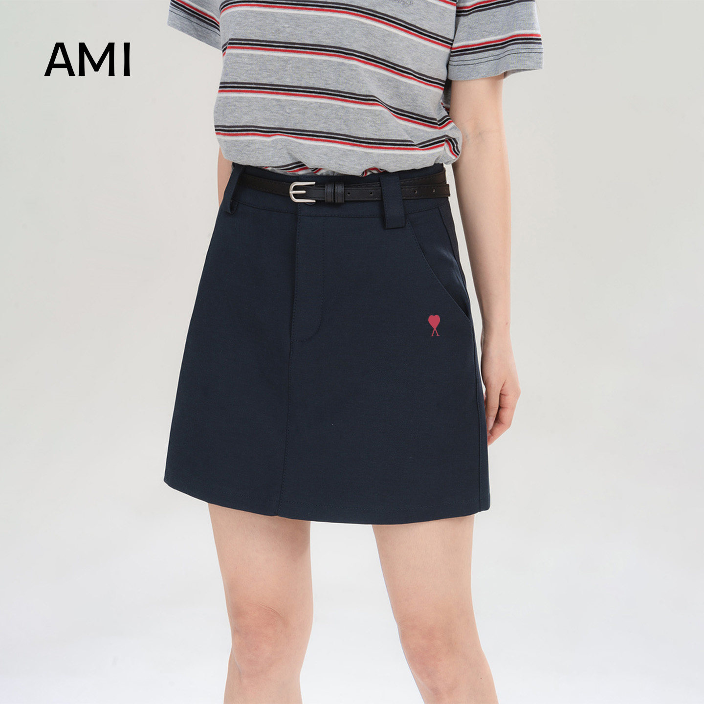 AMI官方美式复古藏蓝色高腰a字半身裙女春初春新款小个子包臀西装