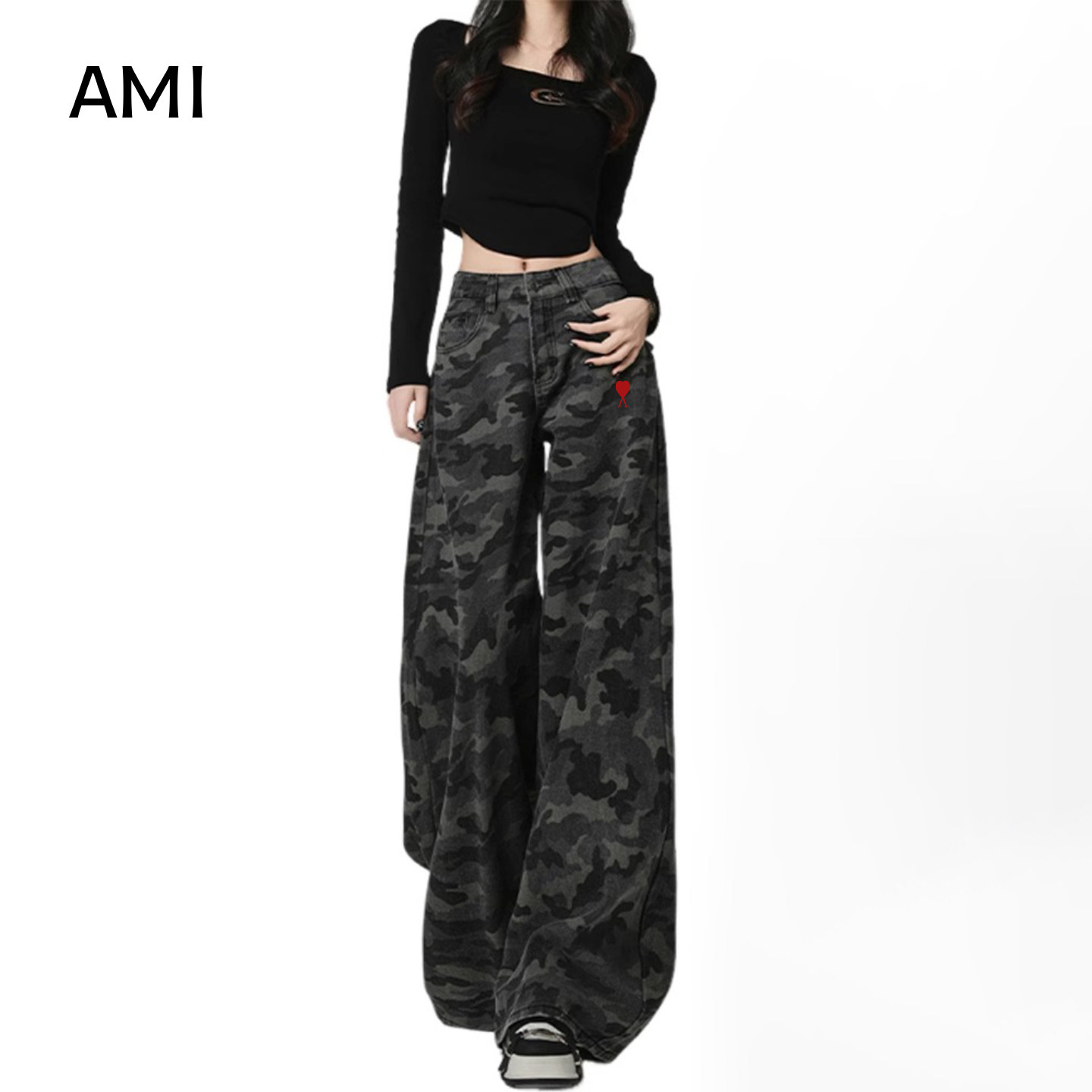 AMI官方 2026美式复古迷彩阔腿牛仔裤女春新款正品宽松直筒工装裤