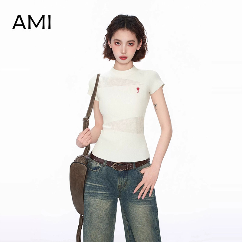 AMI官方 2026美式白色镂空26衫针织短袖t恤女春季正品小个子修