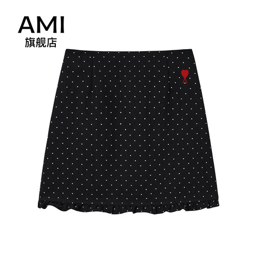AMI官方黑色波点半身裙女2026新款夏季小个子高腰a字木耳边短裙子