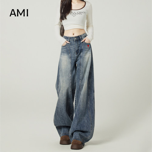 AMI官方美式复古蓝高街宽松阔腿牛仔裤女春初春新款设计高腰垂感