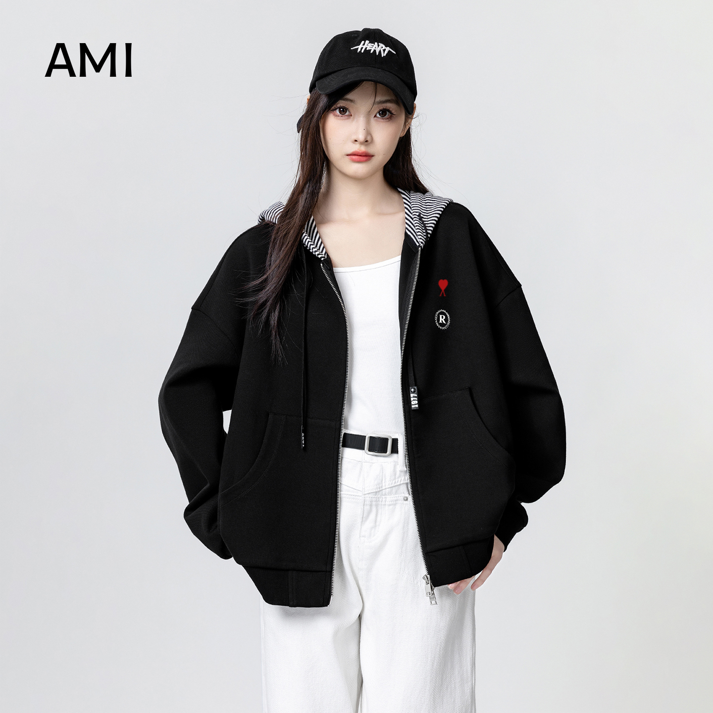 AMI 2025美式黑色连帽卫衣外套女春秋新款宽松慵懒风双拉链开衫
