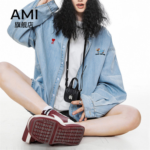 AMI2026美式复古刺绣长袖牛仔衬衫女秋冬百搭宽松休闲衬衣外套9