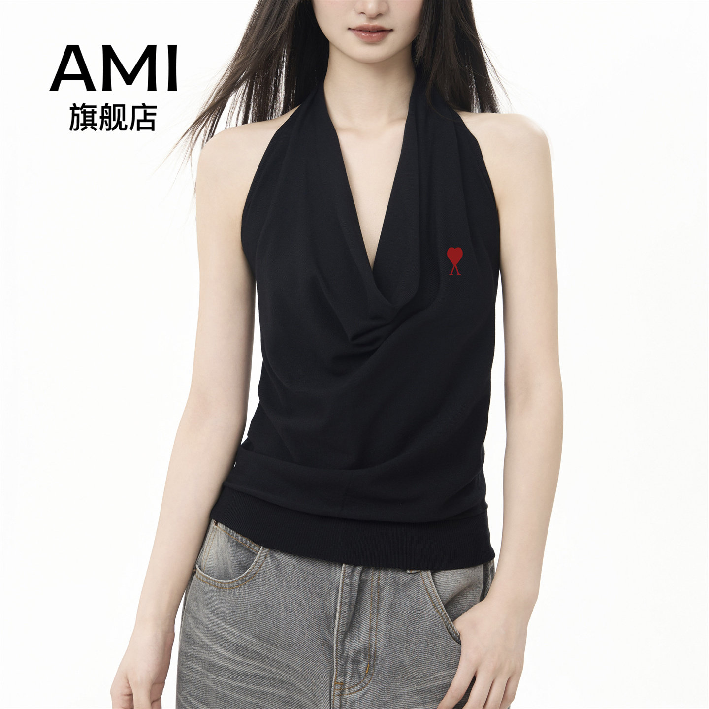 AMI官方黑色挂脖荡领短袖t恤女夏2026设计感露背收腰无袖上衣新款