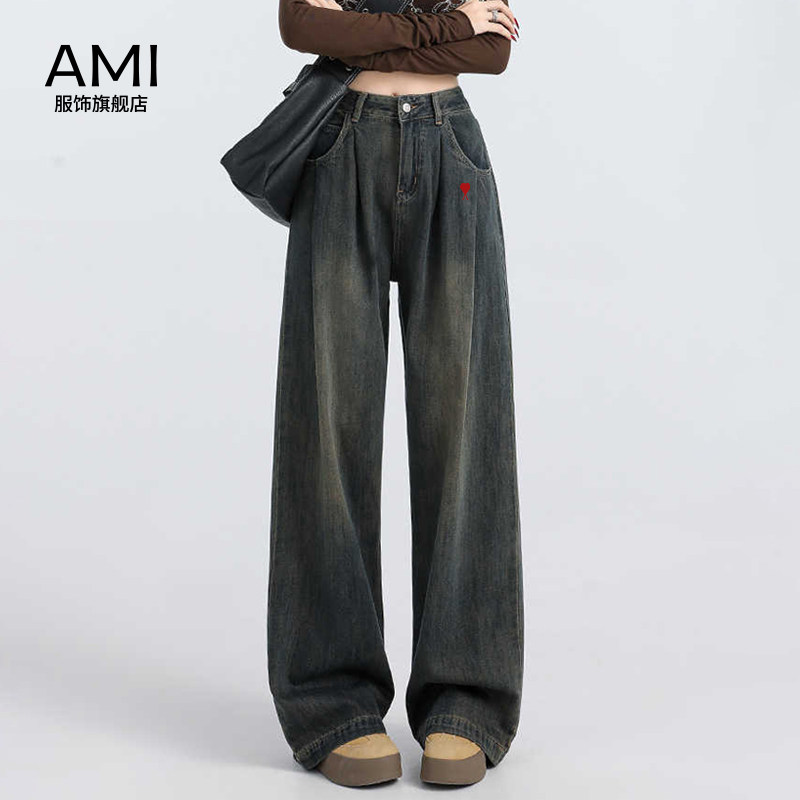 AMI官方 2026美式复古阔腿牛仔裤女春季新款正品高腰宽松梨形长裤