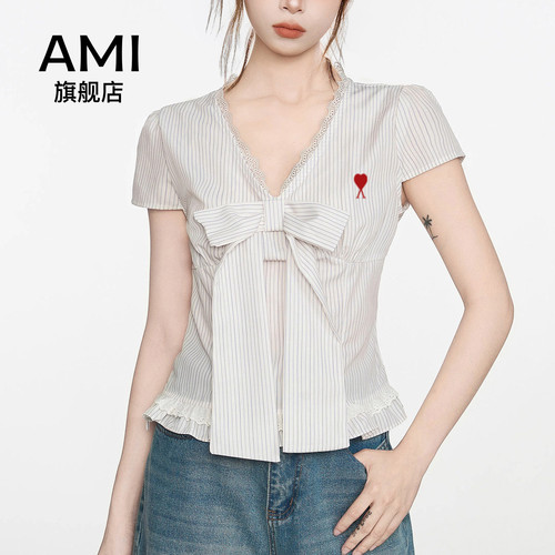 AMI官方蕾丝夏短款修身短袖衬衫女2026新款条纹蝴蝶结设计感上衣