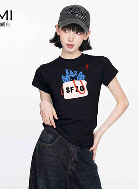 AMI旗舰店美式黑色印花正肩短袖t恤女夏潮牌正品修身显瘦辣妹上衣