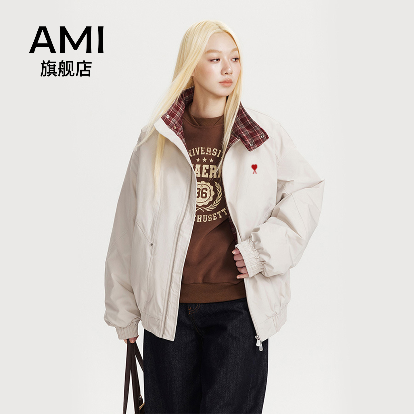 AMI旗舰店美式复古拼接格纹立领棉服女冬季新款宽松休闲棉衣外套