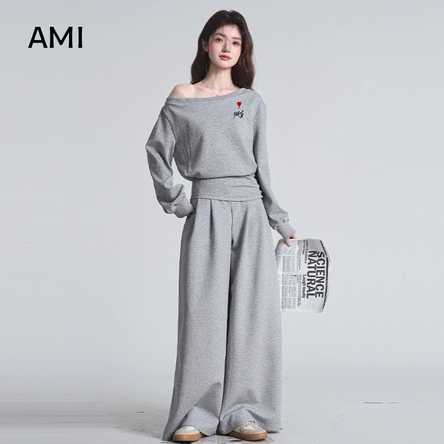 AMI官方2026美式斜领露肩长袖卫衣长裤套装女春夏季新款灰色套装