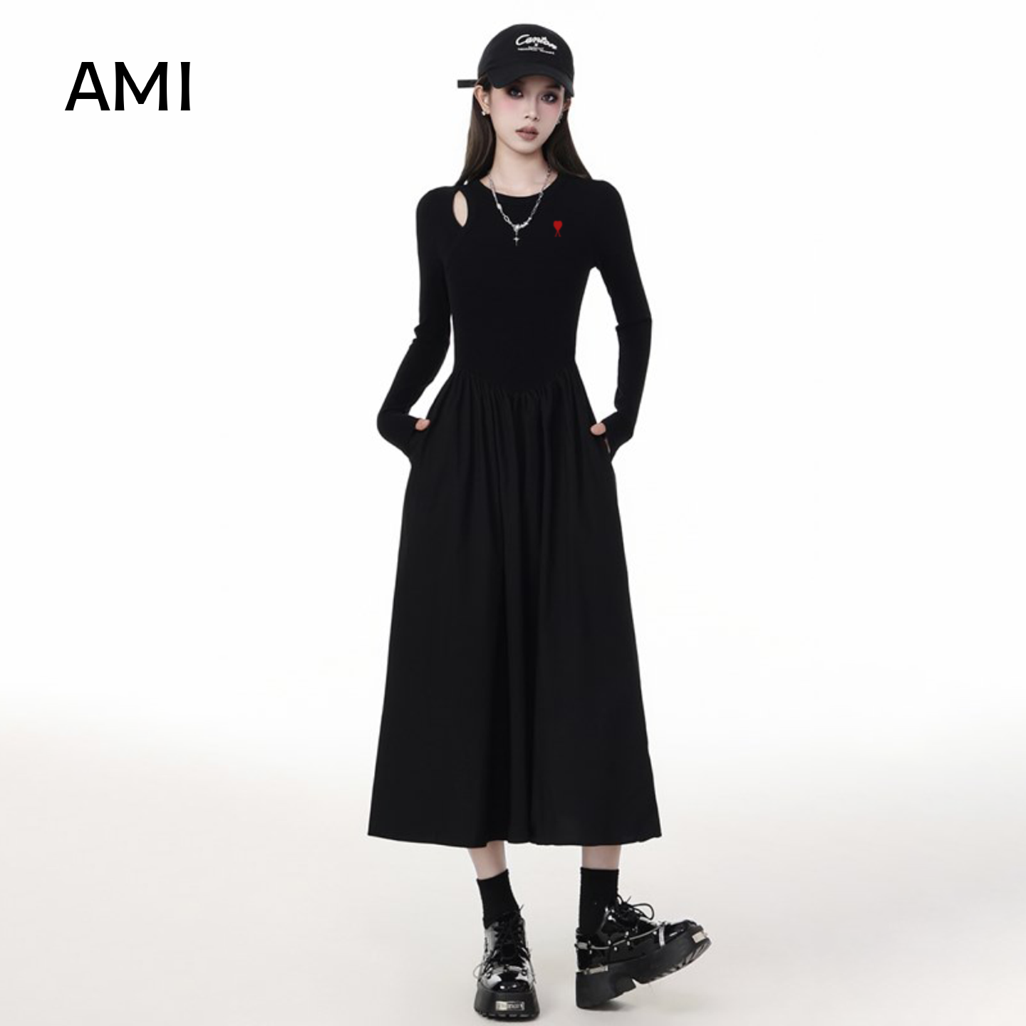 AMI美式黑色镂空针织长袖连衣裙女2025春秋新款气质修身显瘦长裙