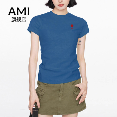 AMI官方正肩短袖t恤女夏2025新款夏季美式修身紧身显瘦短款上衣