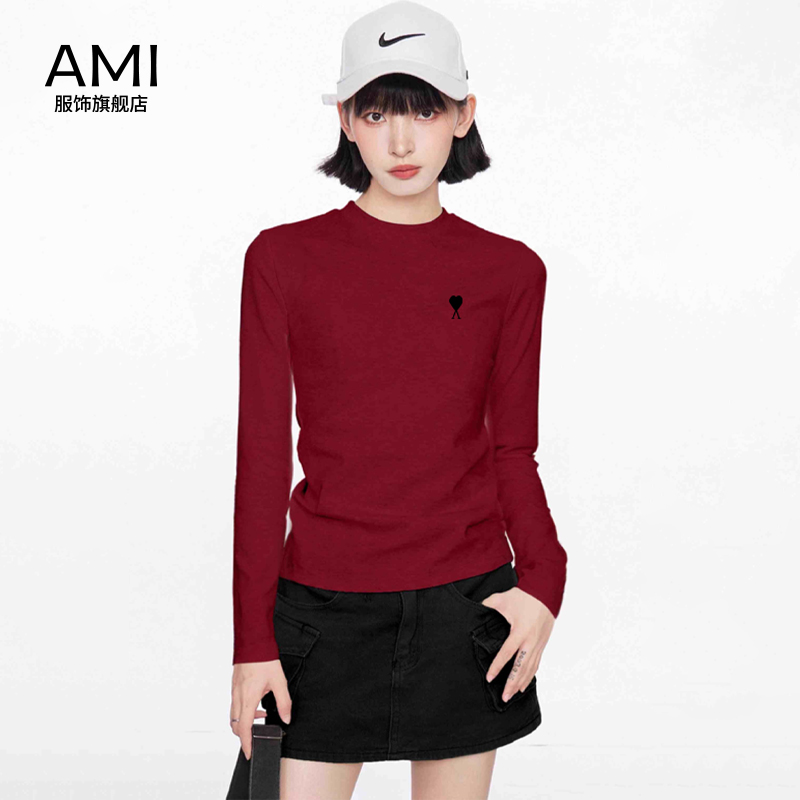 AMI美式酒红气质长袖t恤女秋装2025新款内搭修身上衣好看的设计感
