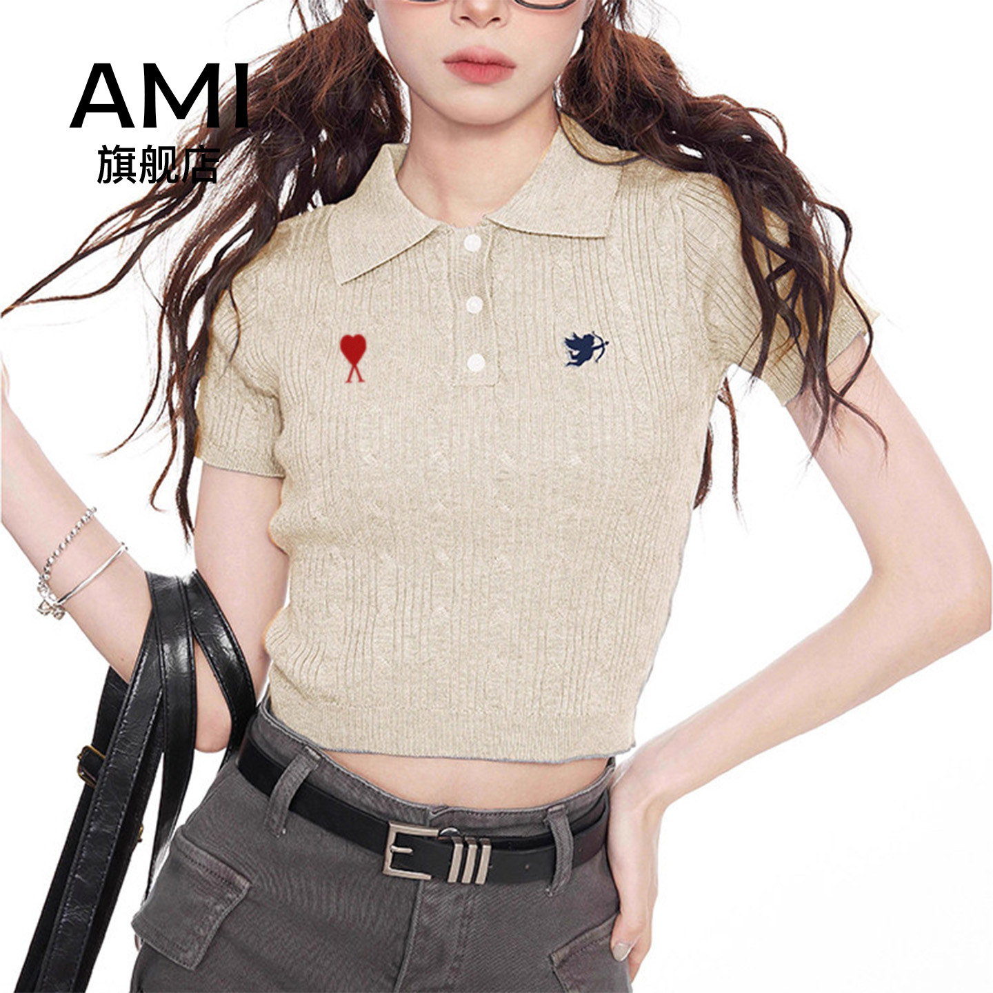 AMI官方polo领短款针织短袖t恤女26夏季学院风修身紧身正肩上衣