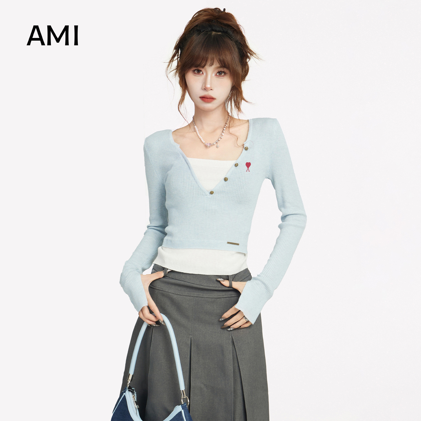 AMI美式蓝色假两件V领长袖T恤女春秋修身正品内搭打底衫针织上衣