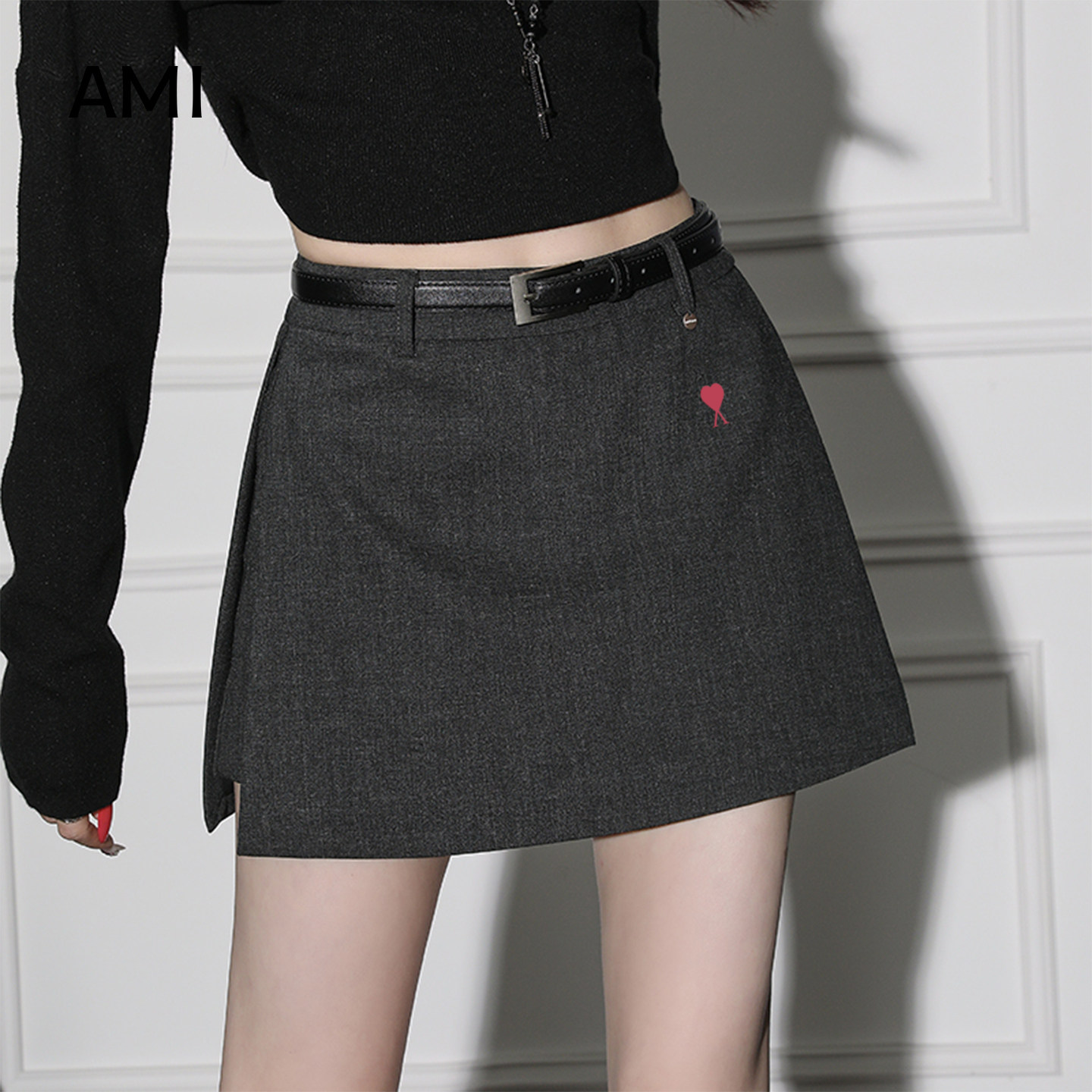 AMI官方美式高级灰色西装半身裙女2026春秋新款高腰A字短裙防走光
