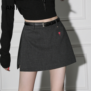AMI美式高级灰色西装半身裙女2025冬秋新款高腰A字短裙防走光裤裙