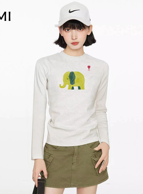 AMI2025美式灰色印花打底衫长袖t恤女冬秋内搭打底衫正品修身上衣