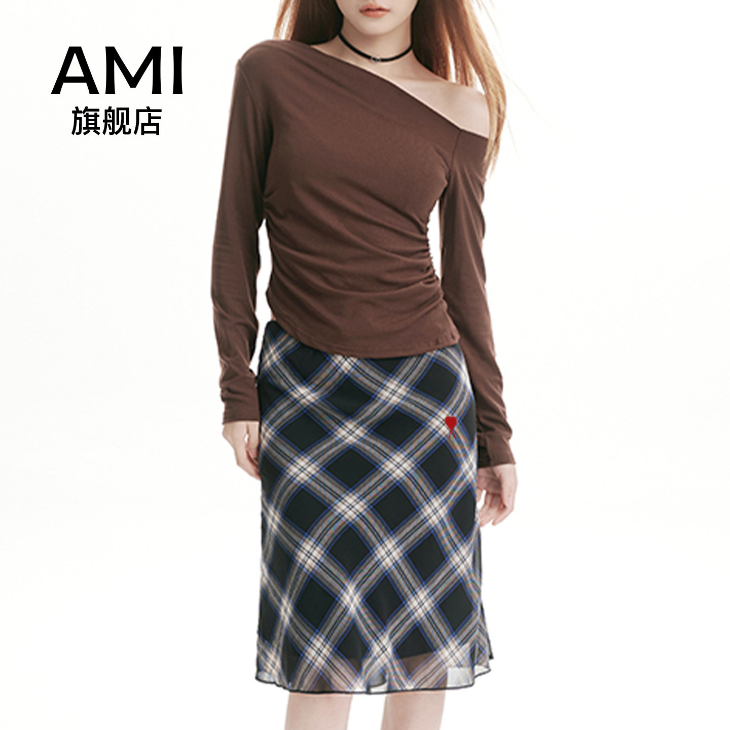 AMI官方雪纺格子半身裙女2026年新款高腰显瘦百搭中长款小个子a字